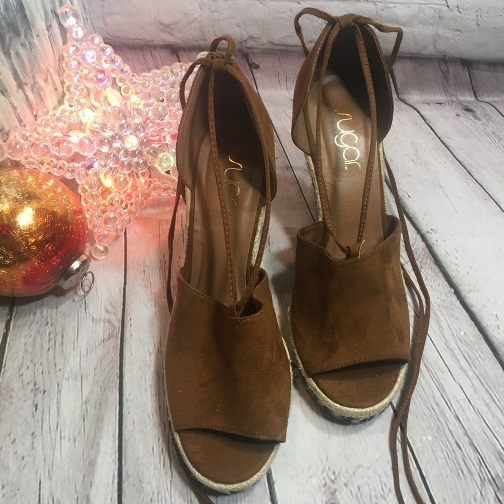 Sugar brown micro suede lace up leg heel